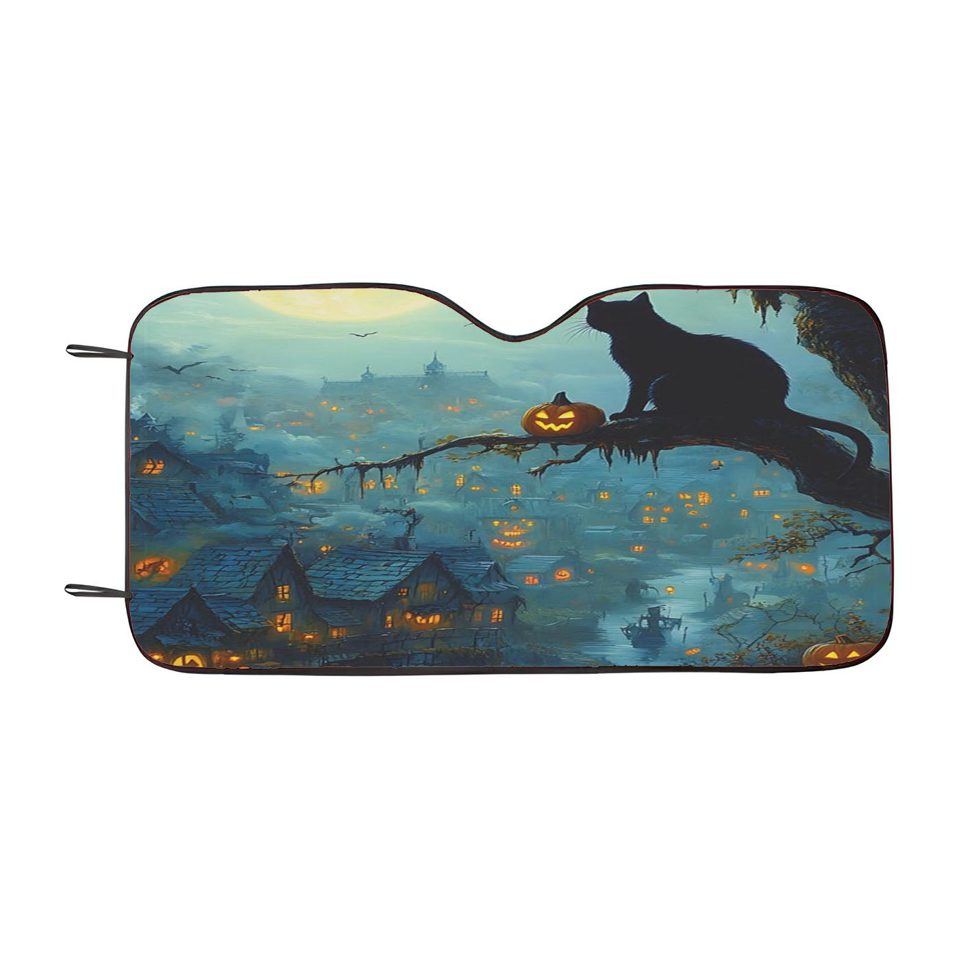 Haunted Village Black Cat Halloween Car Windshield Sunshade