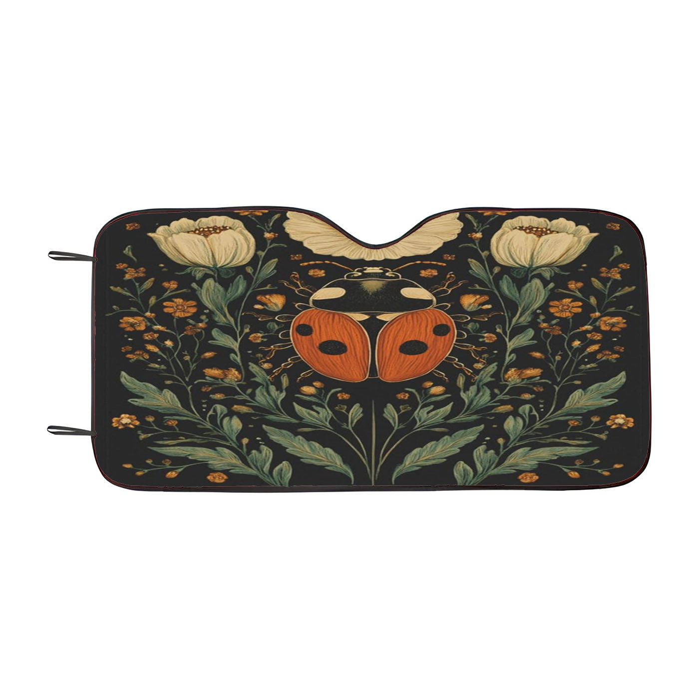 Ladybug Dark Botanical Motif Car Windshield Sunshade